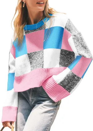 Saodimallsu Womens Checkered Sweater Cropped Oversized Trendy Fall Crew Neck Color Block Pullover Sweaters
