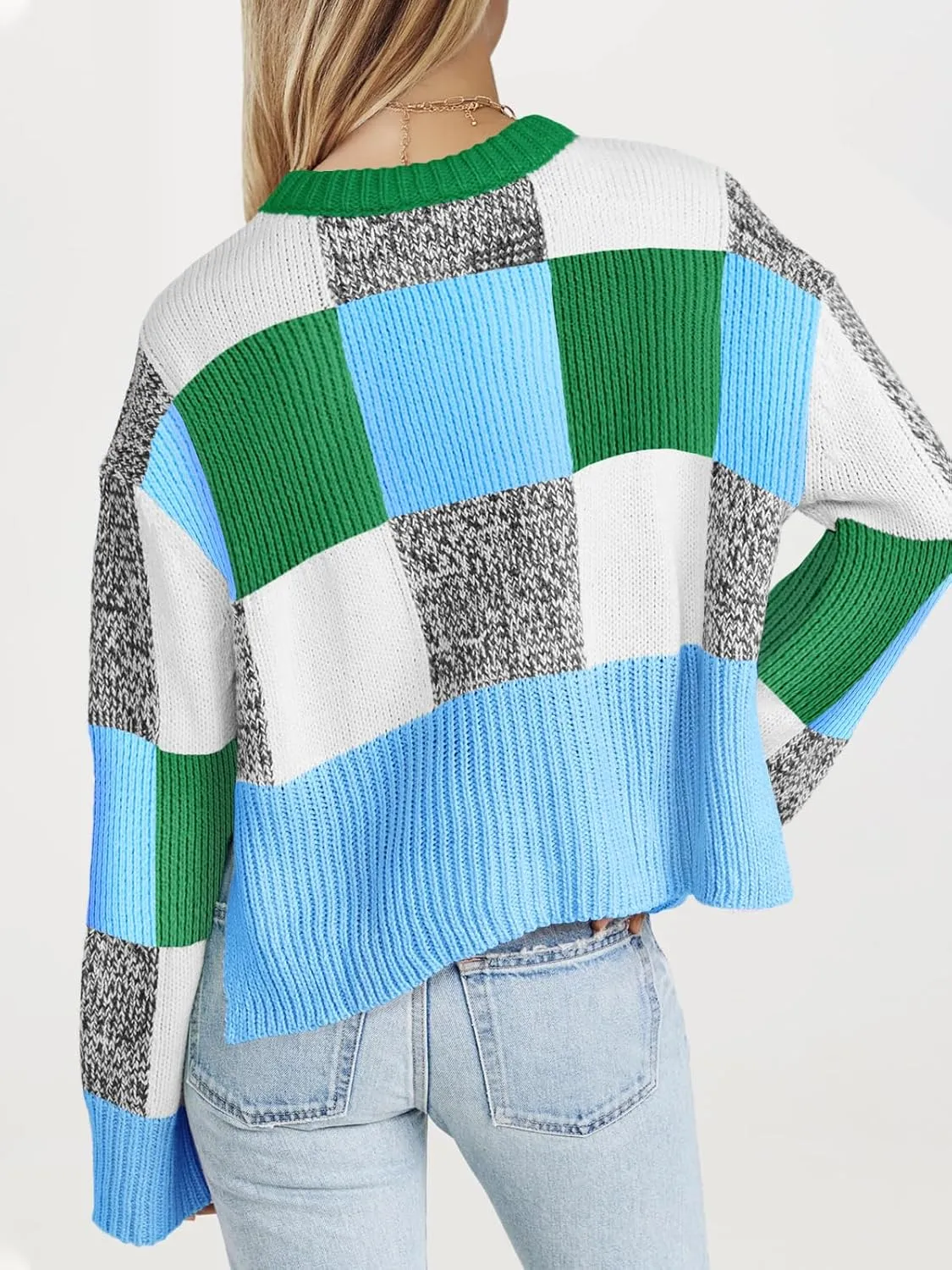 Saodimallsu Womens Checkered Sweater Cropped Oversized Trendy Fall Crew Neck Color Block Pullover Sweaters