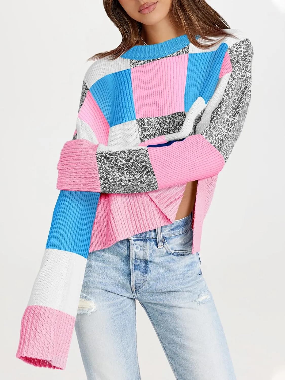Saodimallsu Womens Checkered Sweater Cropped Oversized Trendy Fall Crew Neck Color Block Pullover Sweaters