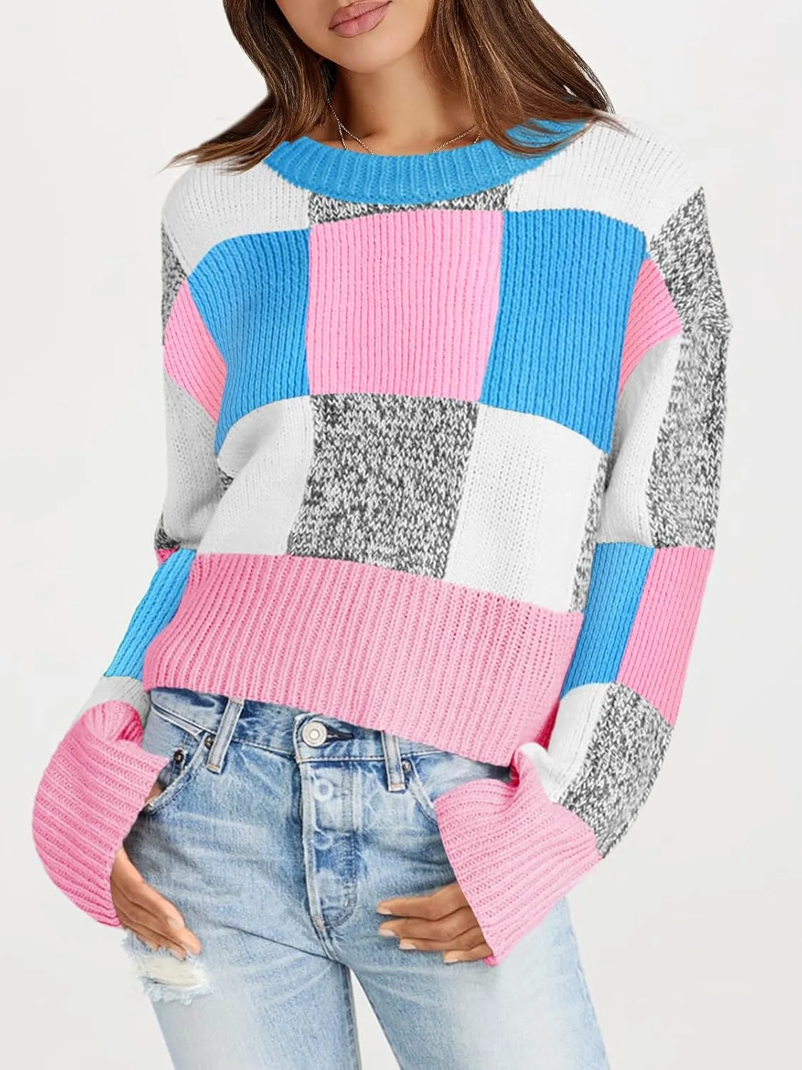 Saodimallsu Womens Checkered Sweater Cropped Oversized Trendy Fall Crew Neck Color Block Pullover Sweaters