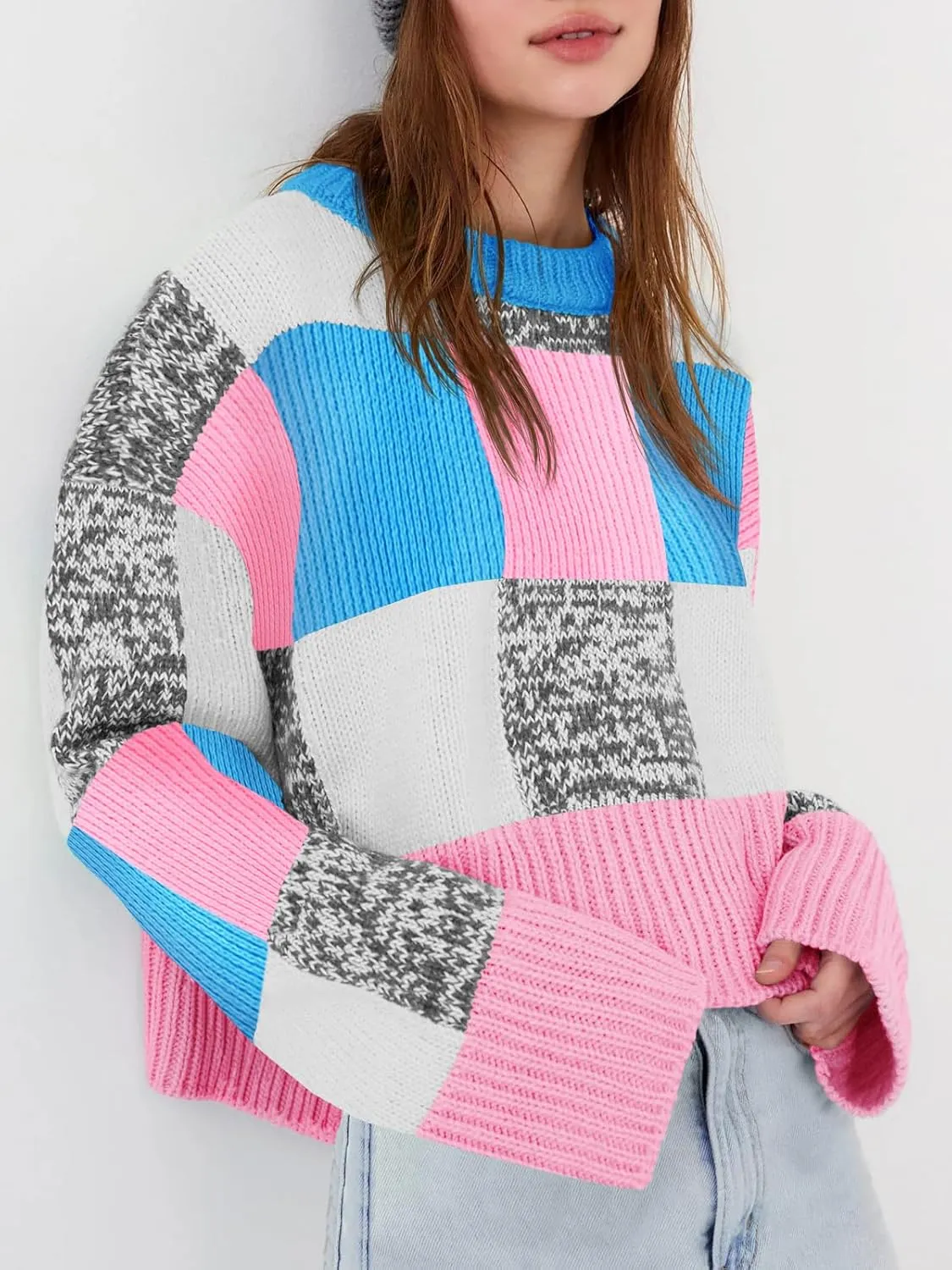 Saodimallsu Womens Checkered Sweater Cropped Oversized Trendy Fall Crew Neck Color Block Pullover Sweaters