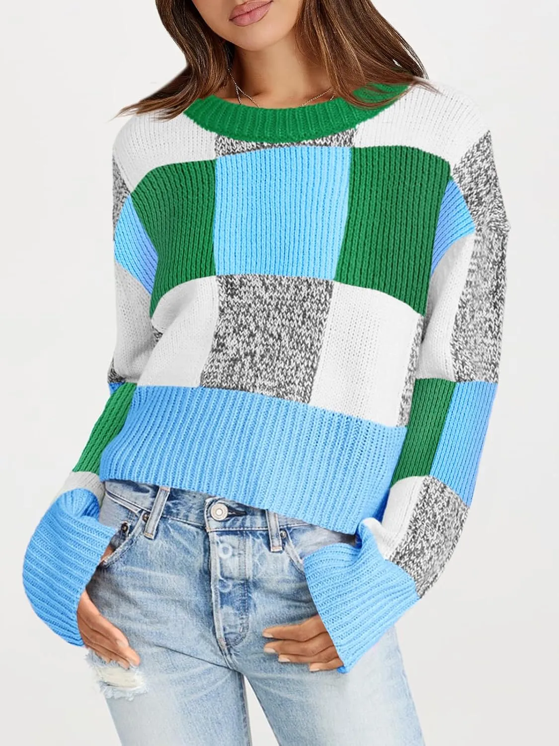 Saodimallsu Womens Checkered Sweater Cropped Oversized Trendy Fall Crew Neck Color Block Pullover Sweaters