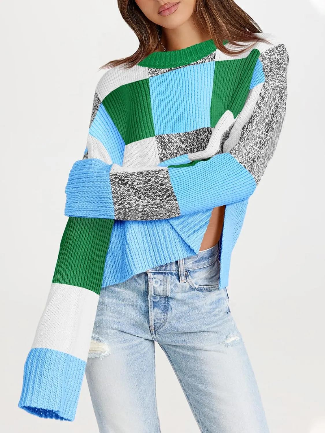 Saodimallsu Womens Checkered Sweater Cropped Oversized Trendy Fall Crew Neck Color Block Pullover Sweaters