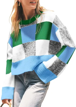 Saodimallsu Womens Checkered Sweater Cropped Oversized Trendy Fall Crew Neck Color Block Pullover Sweaters