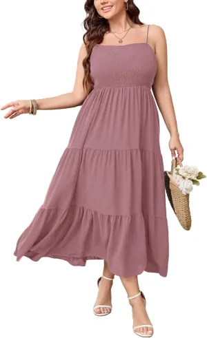 SCOMCHIC Women's Plus Size Summer Maxi Dress Sleeveless Spaghetti Strap Smocked Casual Boho Tiered Long Beach Sun Dresses
