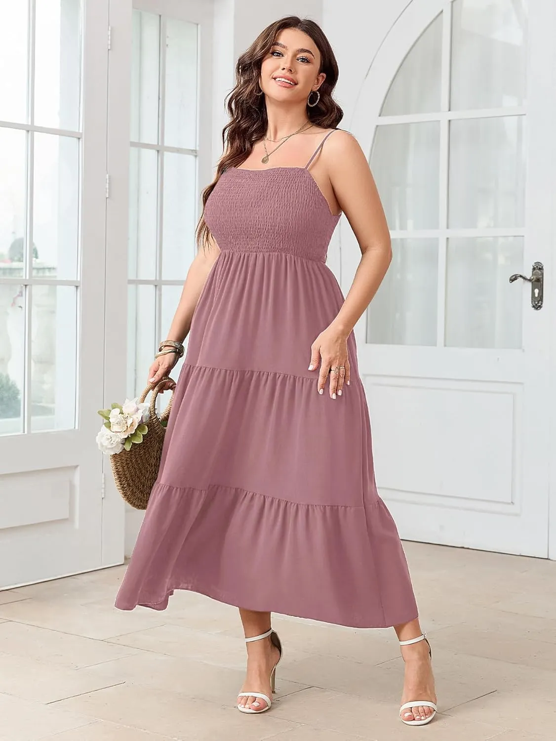 SCOMCHIC Women's Plus Size Summer Maxi Dress Sleeveless Spaghetti Strap Smocked Casual Boho Tiered Long Beach Sun Dresses