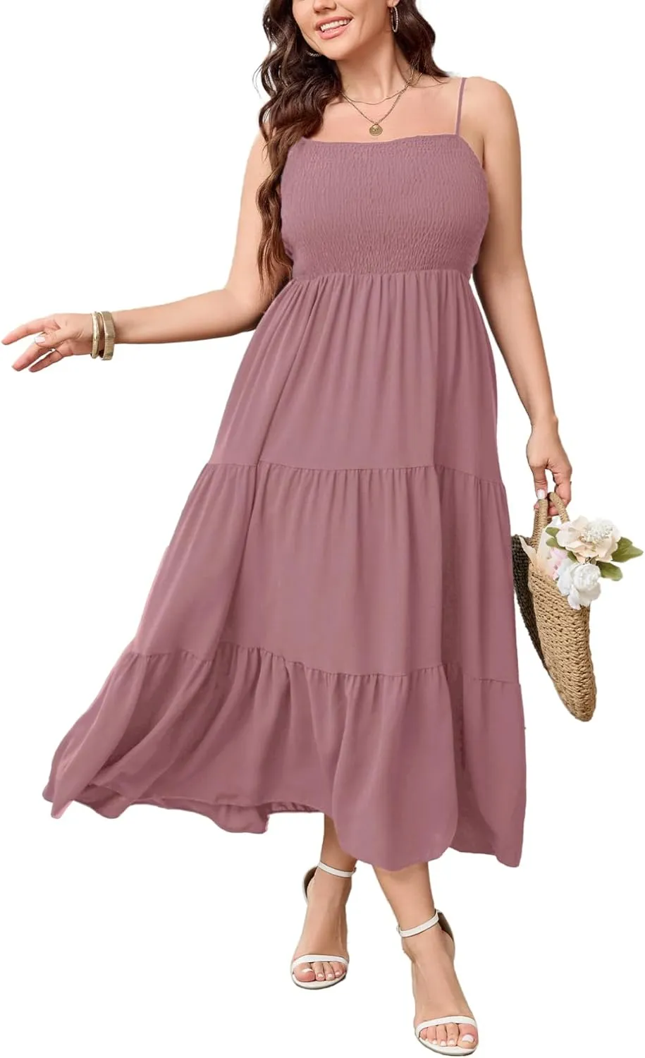 SCOMCHIC Women's Plus Size Summer Maxi Dress Sleeveless Spaghetti Strap Smocked Casual Boho Tiered Long Beach Sun Dresses