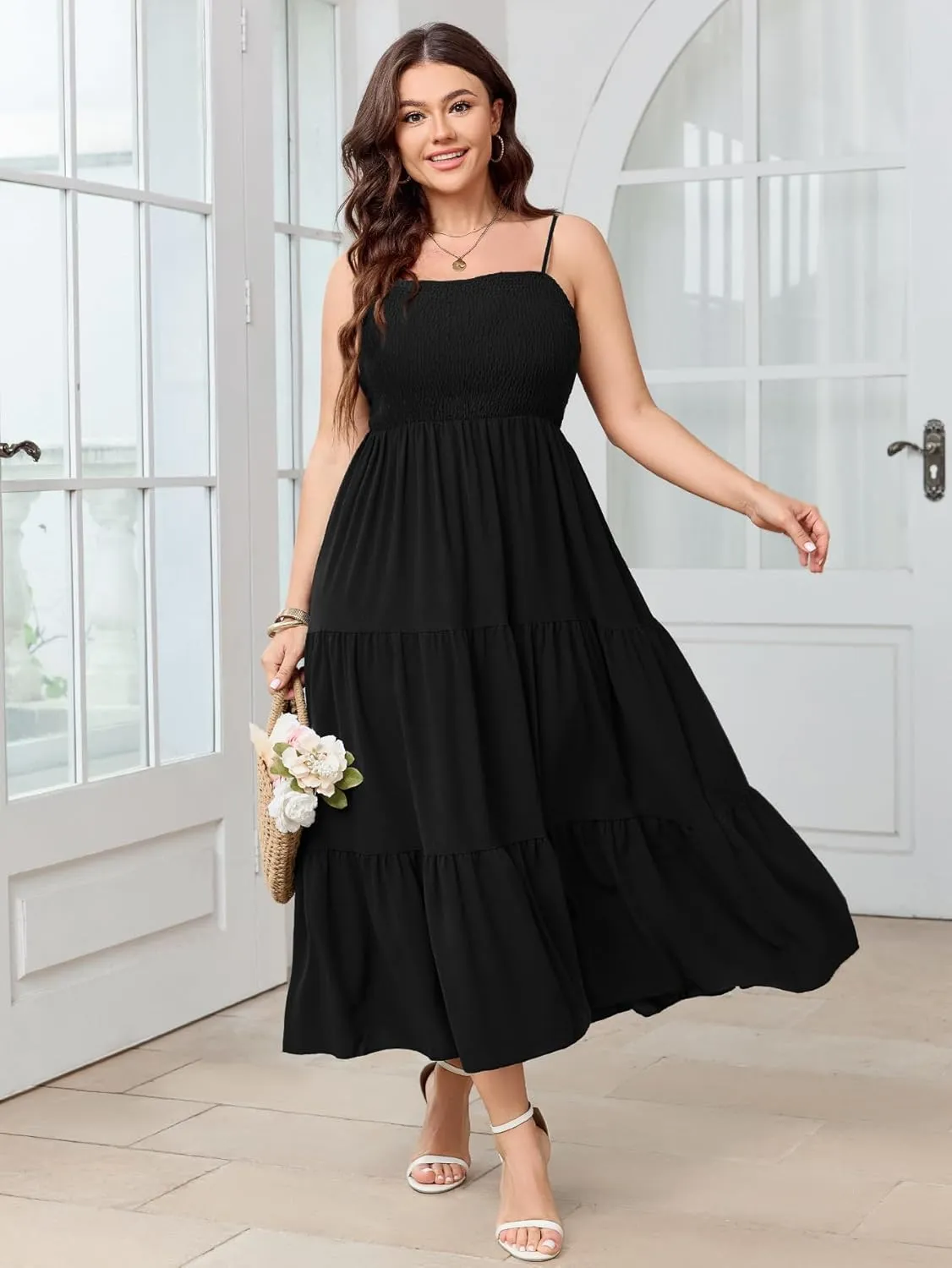 SCOMCHIC Women's Plus Size Summer Maxi Dress Sleeveless Spaghetti Strap Smocked Casual Boho Tiered Long Beach Sun Dresses