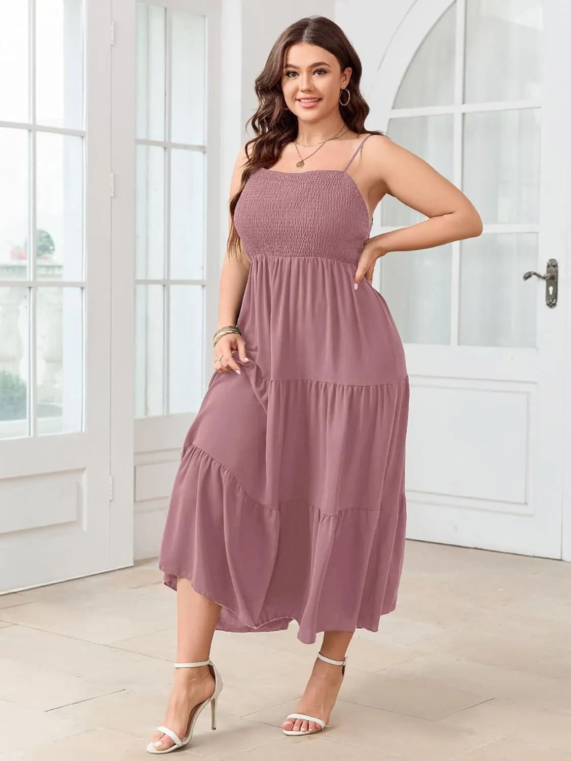 SCOMCHIC Women's Plus Size Summer Maxi Dress Sleeveless Spaghetti Strap Smocked Casual Boho Tiered Long Beach Sun Dresses