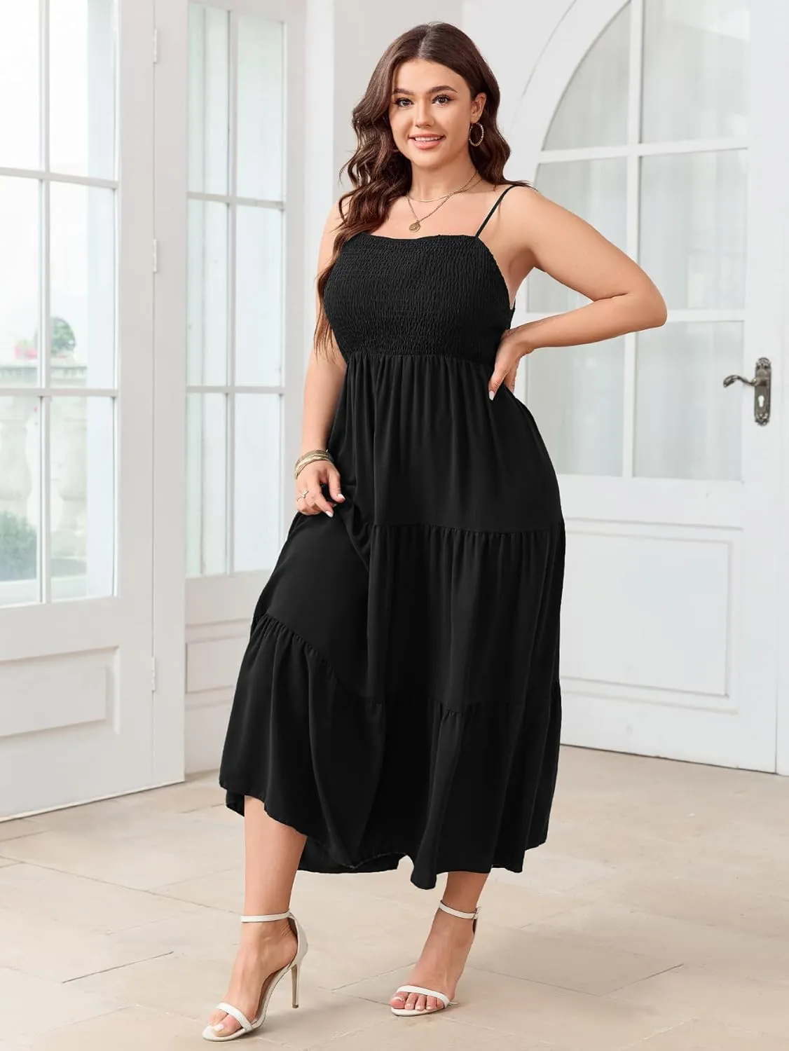 SCOMCHIC Women's Plus Size Summer Maxi Dress Sleeveless Spaghetti Strap Smocked Casual Boho Tiered Long Beach Sun Dresses