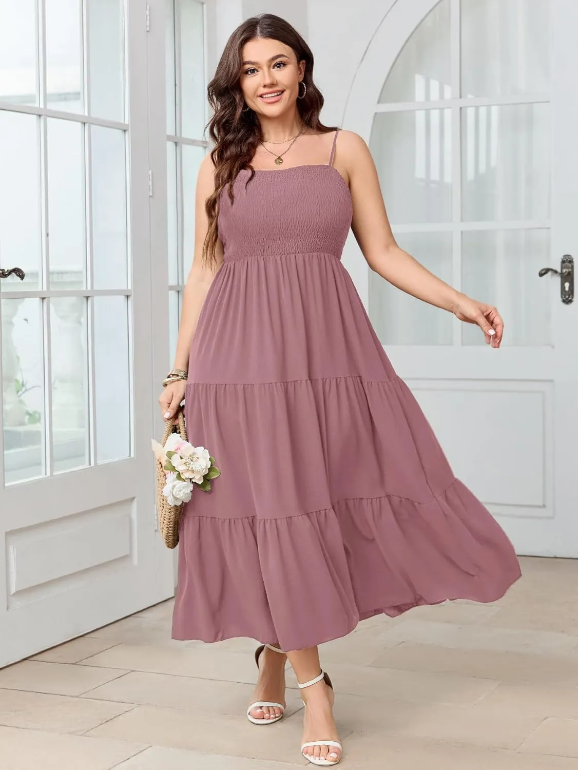 SCOMCHIC Women's Plus Size Summer Maxi Dress Sleeveless Spaghetti Strap Smocked Casual Boho Tiered Long Beach Sun Dresses