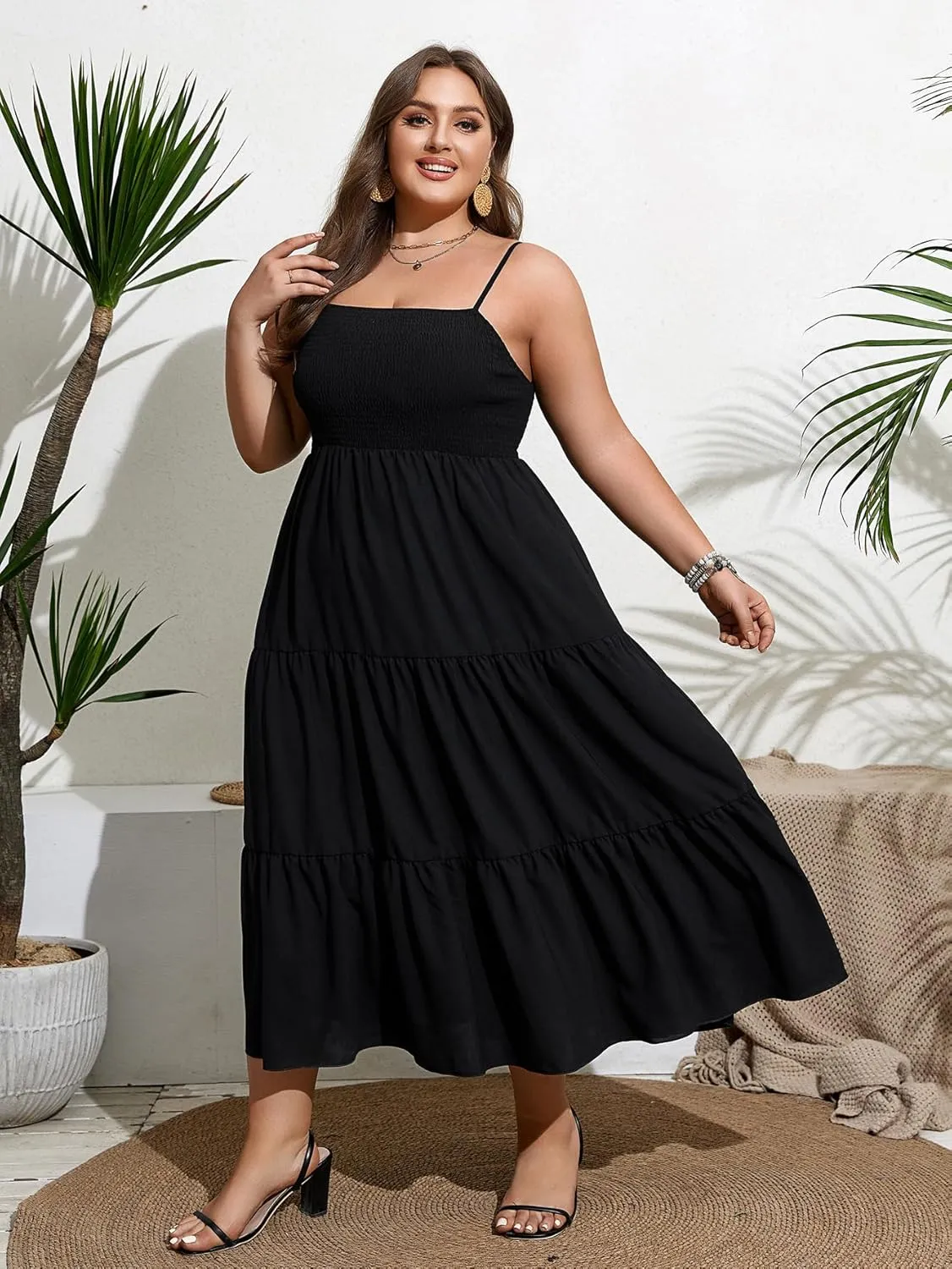 SCOMCHIC Women's Plus Size Summer Maxi Dress Sleeveless Spaghetti Strap Smocked Casual Boho Tiered Long Beach Sun Dresses
