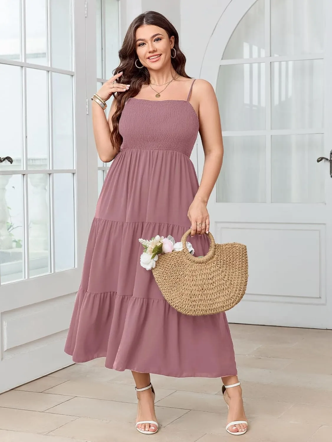 SCOMCHIC Women's Plus Size Summer Maxi Dress Sleeveless Spaghetti Strap Smocked Casual Boho Tiered Long Beach Sun Dresses