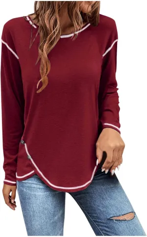 Shirts for Women Long Sleeve Crewneck Pullover Plain Tight Basic Tees Daily Workout Blouses Fashion Irregular Hem
