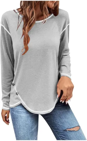 Shirts for Women Long Sleeve Crewneck Pullover Plain Tight Basic Tees Daily Workout Blouses Fashion Irregular Hem