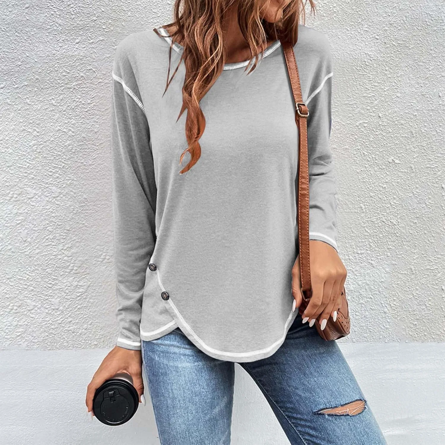 Shirts for Women Long Sleeve Crewneck Pullover Plain Tight Basic Tees Daily Workout Blouses Fashion Irregular Hem