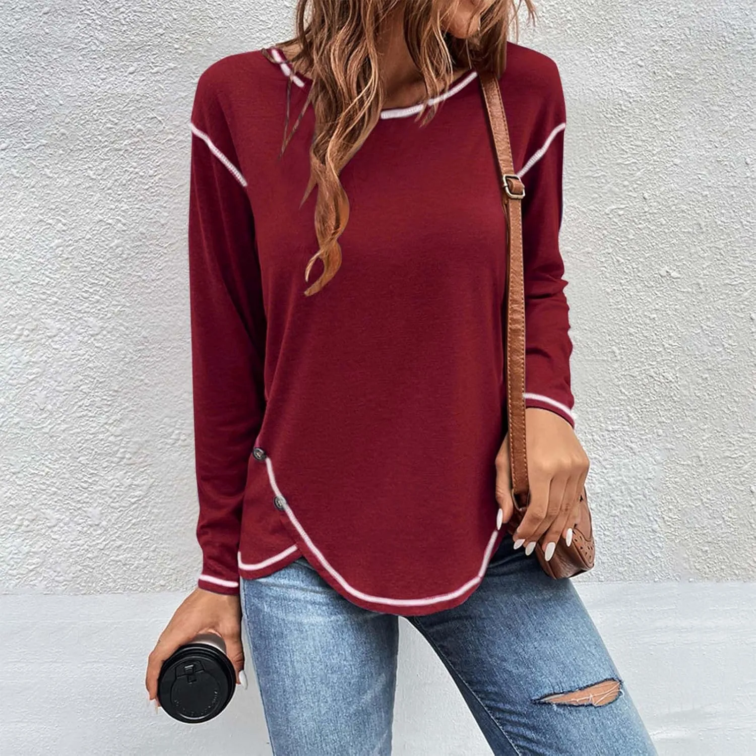 Shirts for Women Long Sleeve Crewneck Pullover Plain Tight Basic Tees Daily Workout Blouses Fashion Irregular Hem