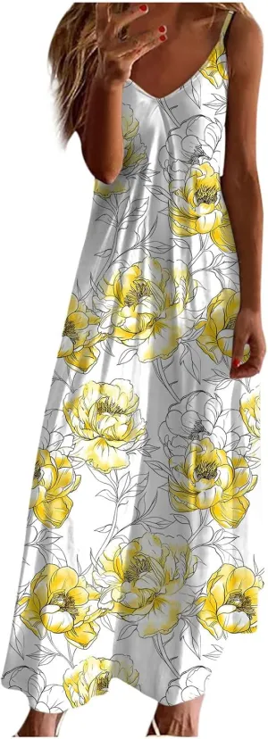 Sleeveless Floral Print Maxi Dress for Women Casual Summer Tank Dresses Beach Vacation Flowy Bohemian Trendy Sundress