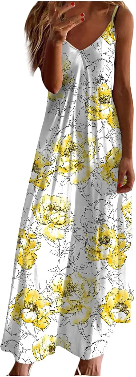 Sleeveless Floral Print Maxi Dress for Women Casual Summer Tank Dresses Beach Vacation Flowy Bohemian Trendy Sundress