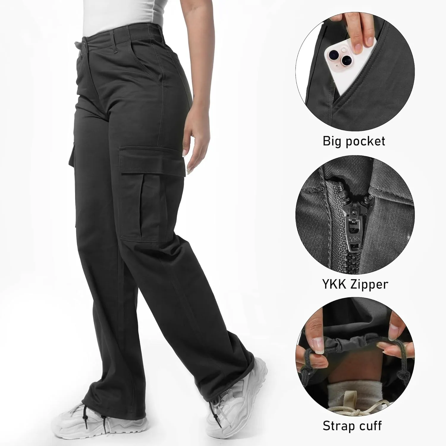 Soulsfeng Women's Baggy Cargo Pants Relaxed Fit Casual Cotton Hiking Pants with 6 Pockets