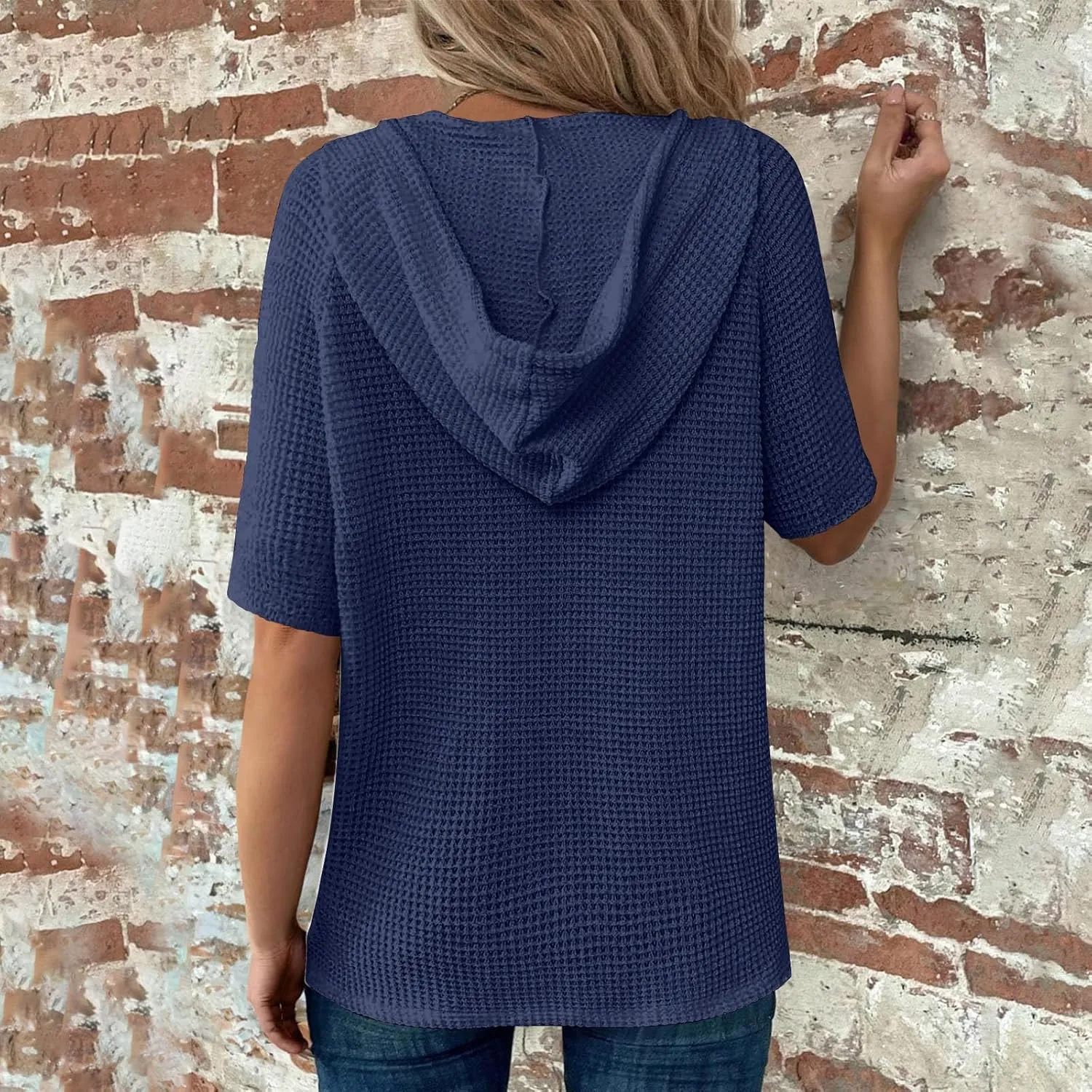 Spring Resort Wear Outfits Vacation Waffle Knit Tops Trendy 2025 Fashion Trends Cute Short Sleeve Hoodie Oversized