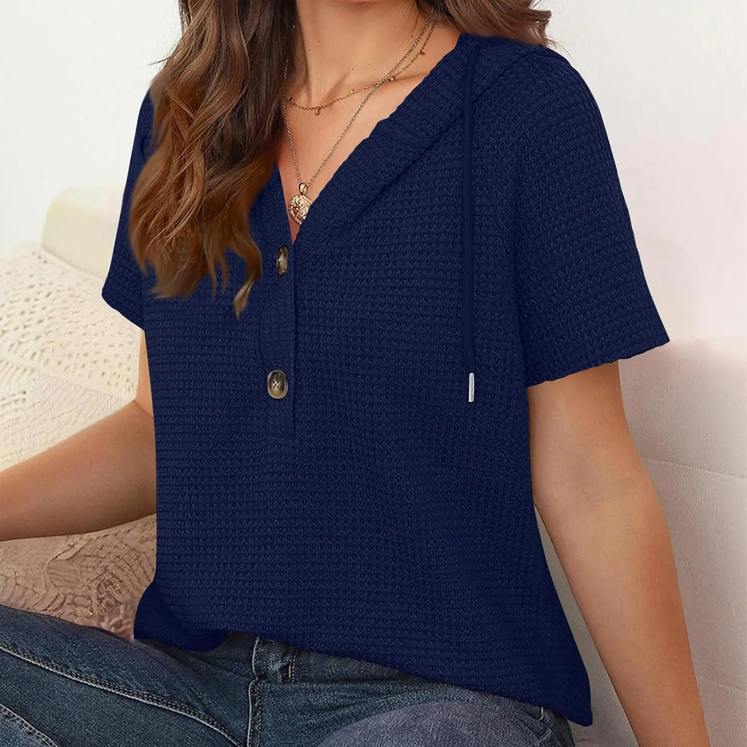 Spring Resort Wear Outfits Vacation Waffle Knit Tops Trendy 2025 Fashion Trends Cute Short Sleeve Hoodie Oversized