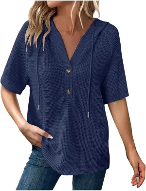 Spring Resort Wear Outfits Vacation Waffle Knit Tops Trendy 2025 Fashion Trends Cute Short Sleeve Hoodie Oversized