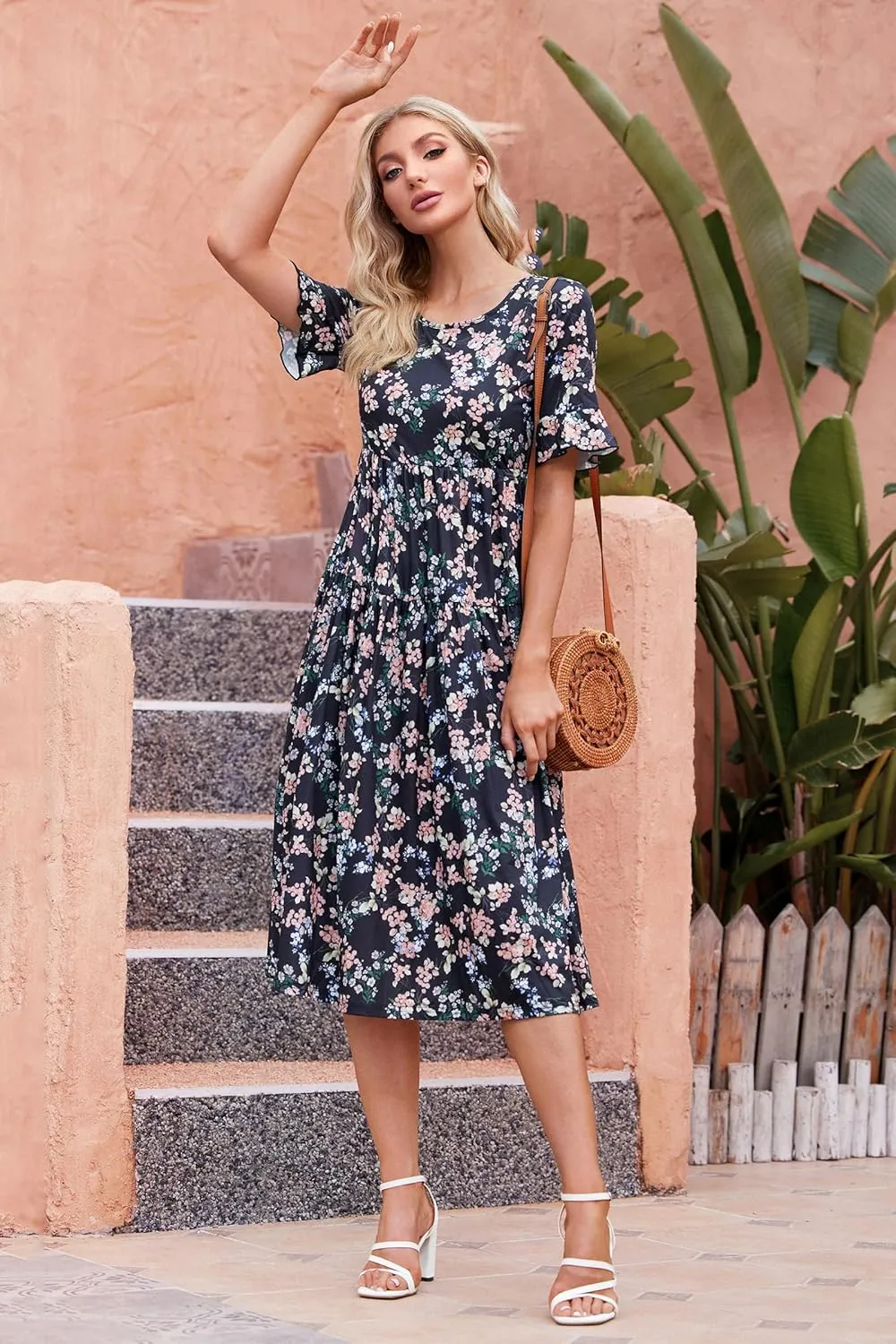STYLEWORD Women's Summer 2025 Casual Short Sleeve Tiered Flowy Spring Dress Long Midi Beach Sundress Vacation Outfits
