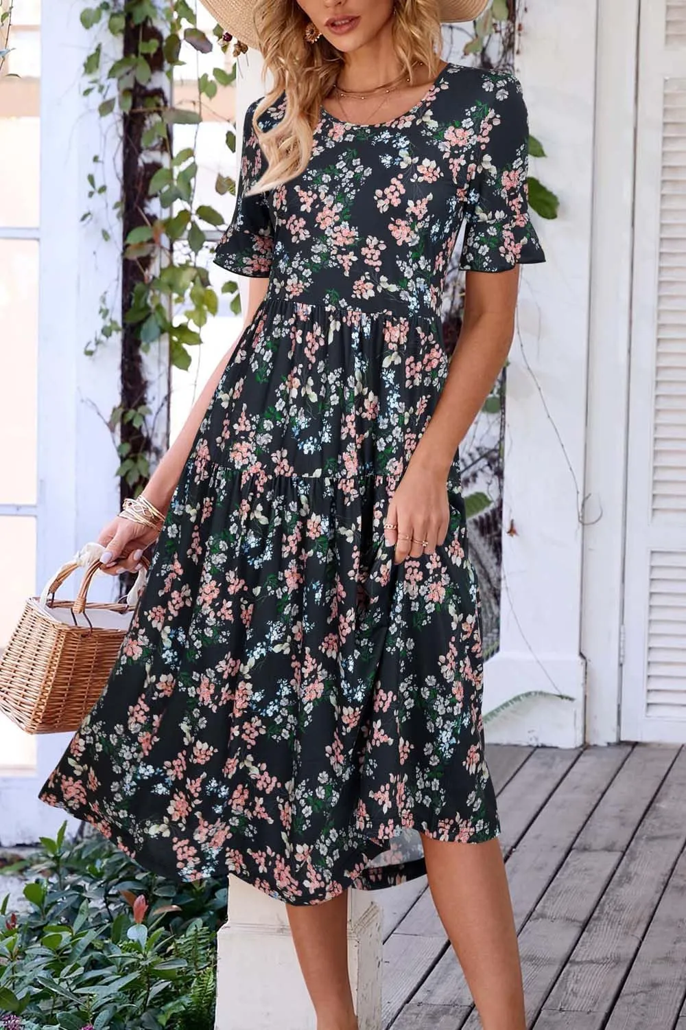 STYLEWORD Women's Summer 2025 Casual Short Sleeve Tiered Flowy Spring Dress Long Midi Beach Sundress Vacation Outfits