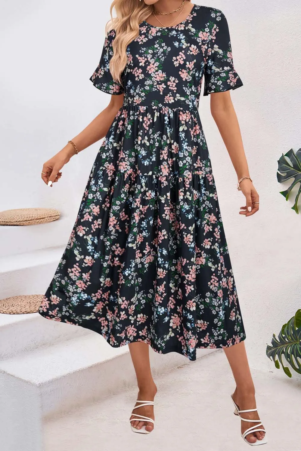 STYLEWORD Women's Summer 2025 Casual Short Sleeve Tiered Flowy Spring Dress Long Midi Beach Sundress Vacation Outfits