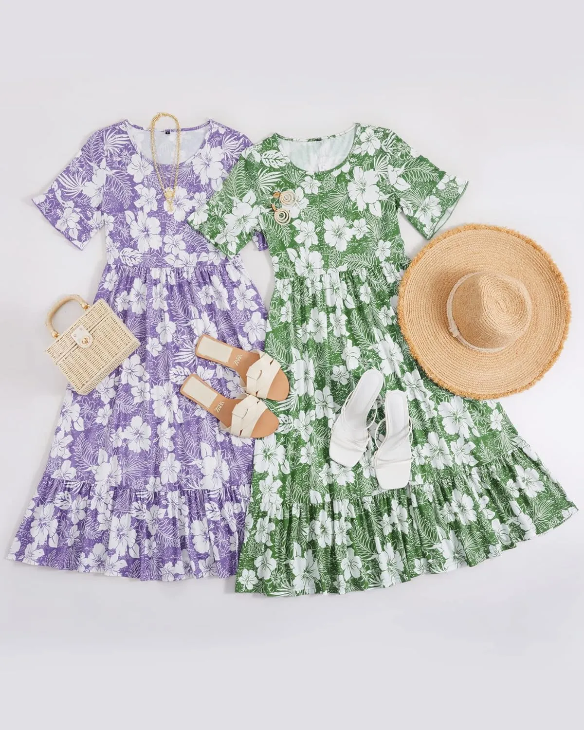 STYLEWORD Women's Summer 2025 Casual Short Sleeve Tiered Flowy Spring Dress Long Midi Beach Sundress Vacation Outfits