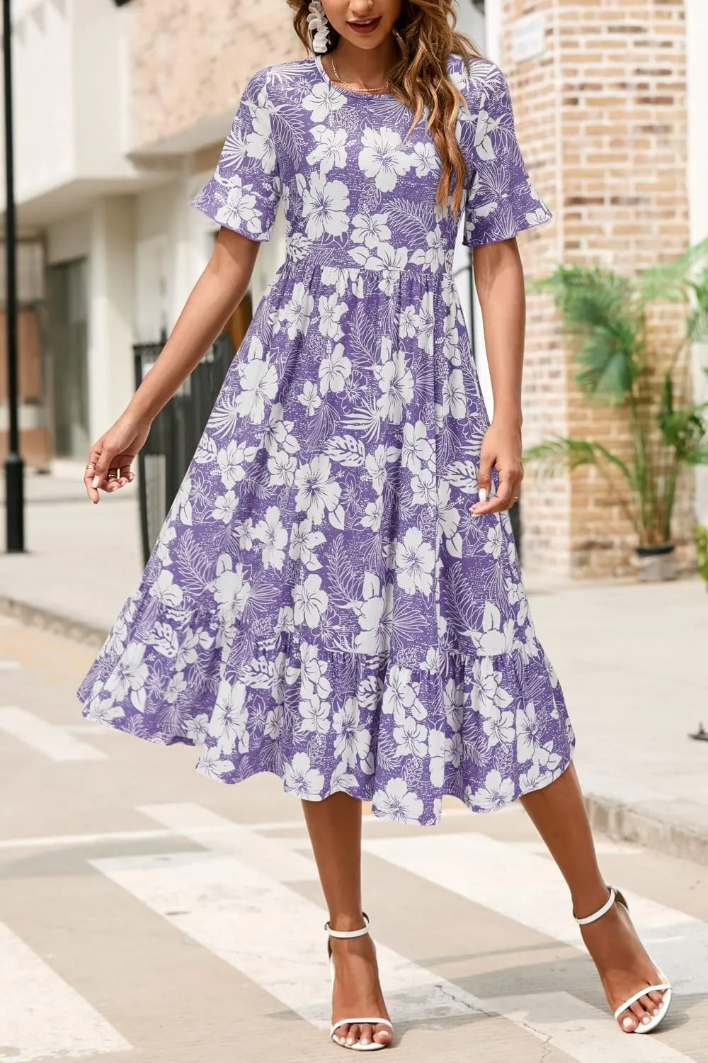 STYLEWORD Women's Summer 2025 Casual Short Sleeve Tiered Flowy Spring Dress Long Midi Beach Sundress Vacation Outfits
