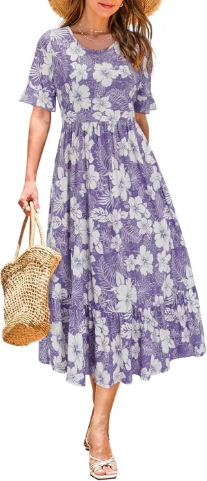 STYLEWORD Women's Summer 2025 Casual Short Sleeve Tiered Flowy Spring Dress Long Midi Beach Sundress Vacation Outfits