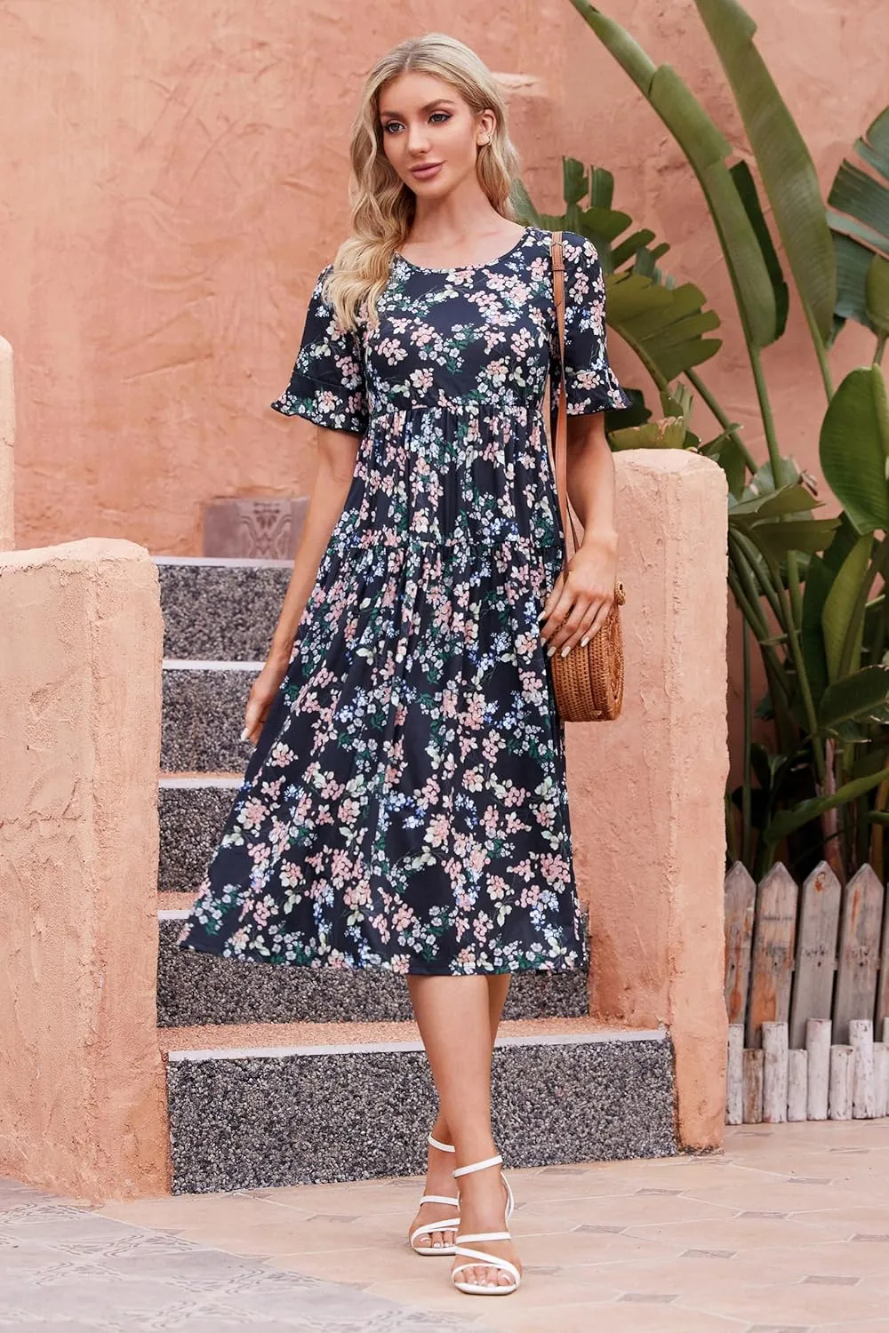 STYLEWORD Women's Summer 2025 Casual Short Sleeve Tiered Flowy Spring Dress Long Midi Beach Sundress Vacation Outfits