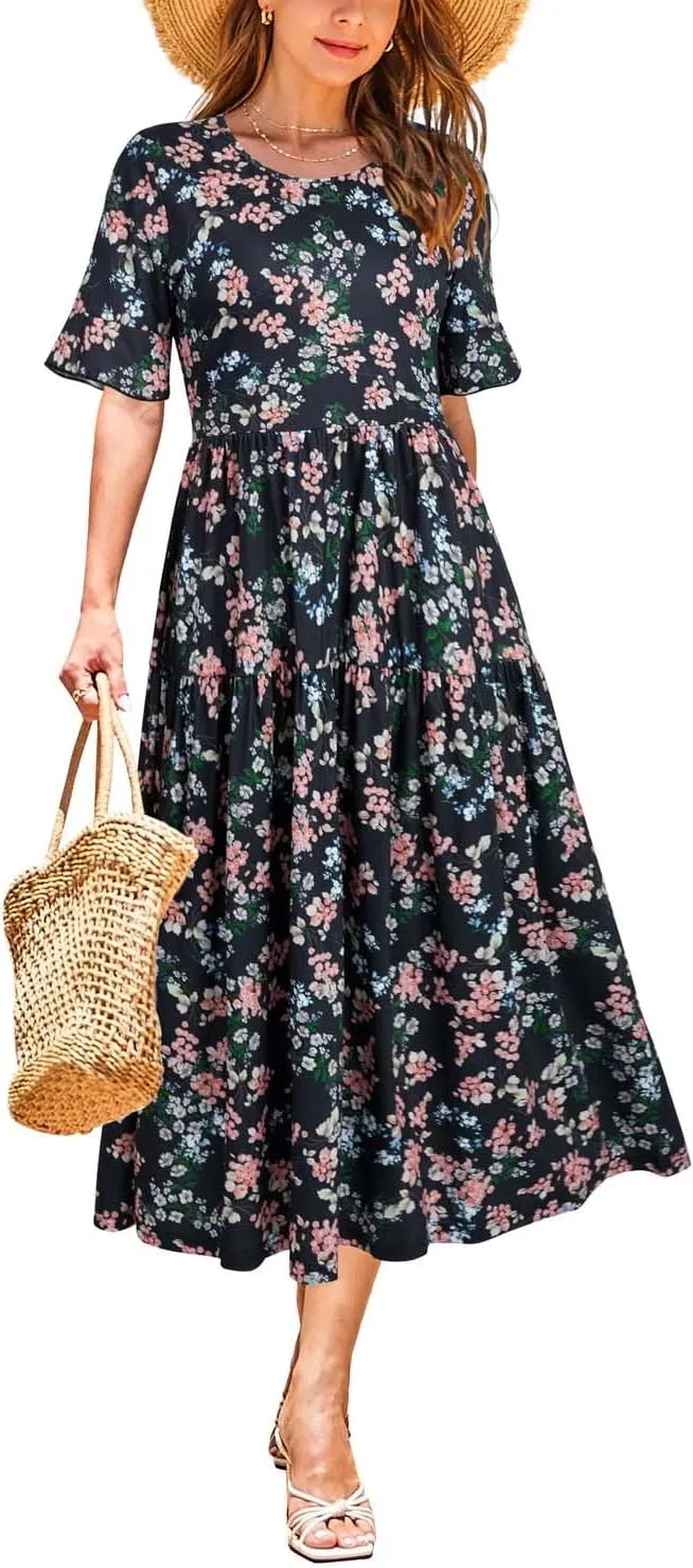 STYLEWORD Women's Summer 2025 Casual Short Sleeve Tiered Flowy Spring Dress Long Midi Beach Sundress Vacation Outfits