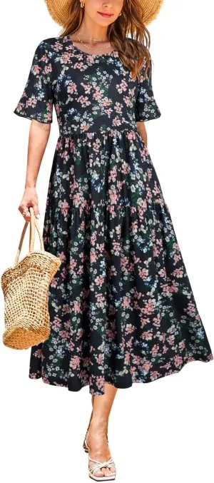 STYLEWORD Women's Summer 2025 Casual Short Sleeve Tiered Flowy Spring Dress Long Midi Beach Sundress Vacation Outfits