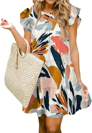 Summer Dresses for Women 2025 Floral Round Neck Shorts Sleeve Flowy Ruffle Mini Dress Beach Vacation Clothes