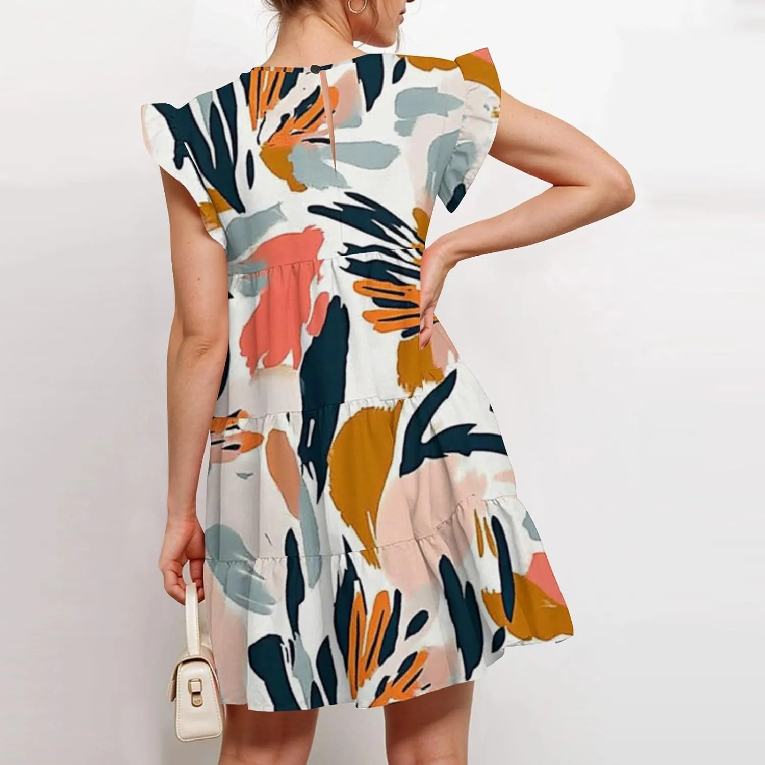 Summer Dresses for Women 2025 Floral Round Neck Shorts Sleeve Flowy Ruffle Mini Dress Beach Vacation Clothes