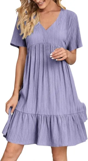 Summer Dresses for Women 2025 Trendy Short Sleeve Pleated Midi Dress Casual Flowy V Neck Elegant Beach Sundresses