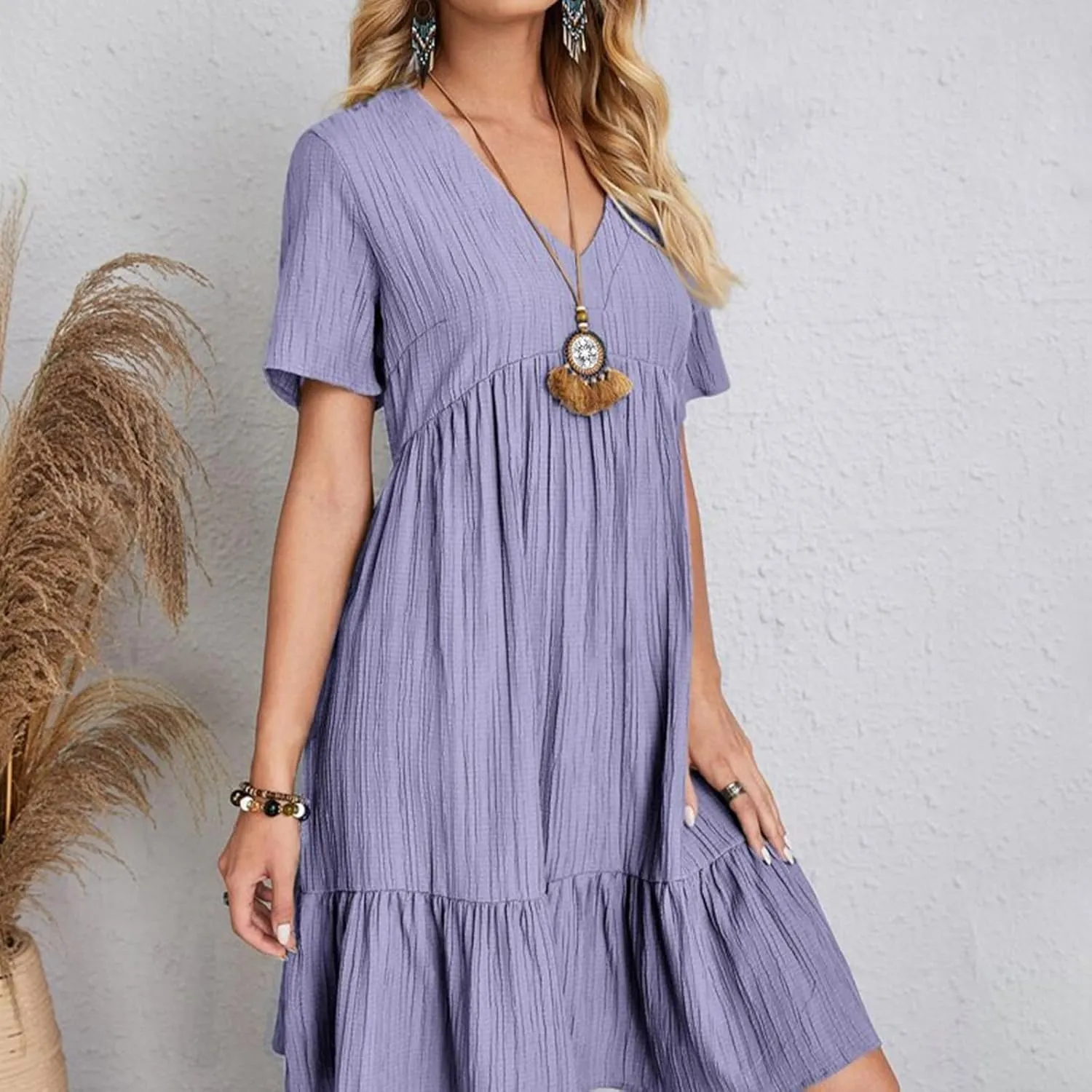Summer Dresses for Women 2025 Trendy Short Sleeve Pleated Midi Dress Casual Flowy V Neck Elegant Beach Sundresses