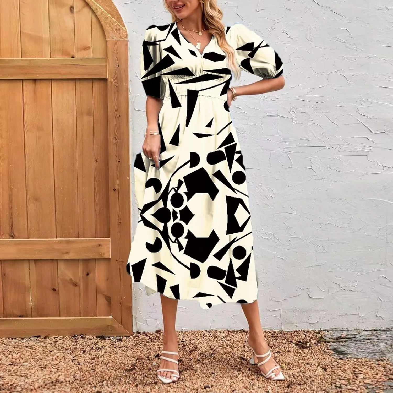 Summer Dresses for Women Elegant Boho Floral Print Beach Long Dress Trendy V Neck Short Sleeve Ruffle Maxi Sundress