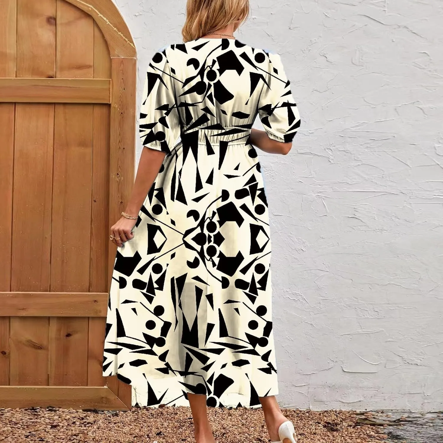 Summer Dresses for Women Elegant Boho Floral Print Beach Long Dress Trendy V Neck Short Sleeve Ruffle Maxi Sundress