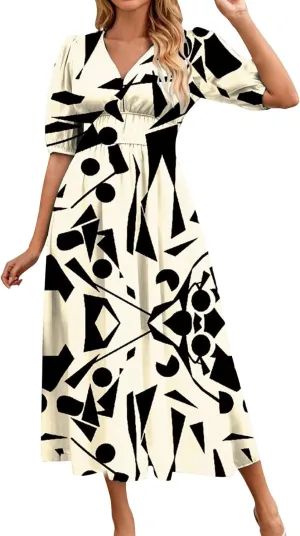 Summer Dresses for Women Elegant Boho Floral Print Beach Long Dress Trendy V Neck Short Sleeve Ruffle Maxi Sundress