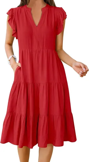 Summer Dresses for Women Ruffle Sleeve V Neck Midi Dresses Casual Fit Flowy Tiered Boho Beach Sundress with Pocket