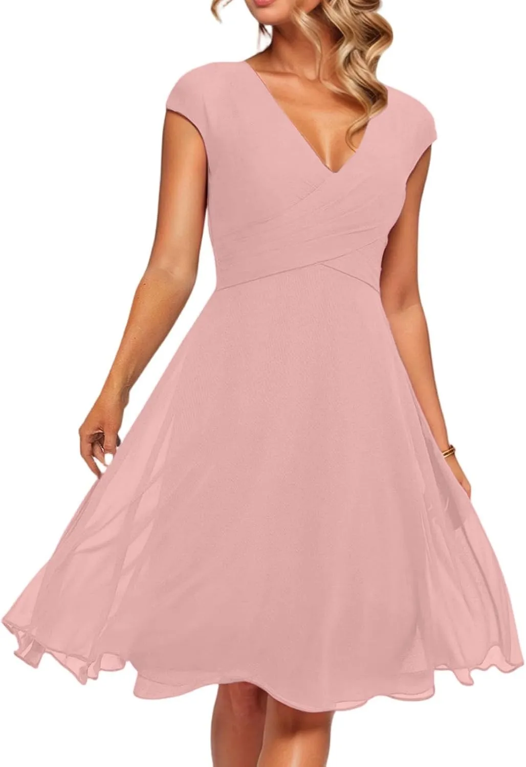 Summer Floral Chiffon Dresses for Women 2025 Midi Trendy Flowy Swing Empire Waist Cap Sleeve V Neck A Line Dress
