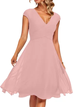 Summer Floral Chiffon Dresses for Women 2025 Midi Trendy Flowy Swing Empire Waist Cap Sleeve V Neck A Line Dress