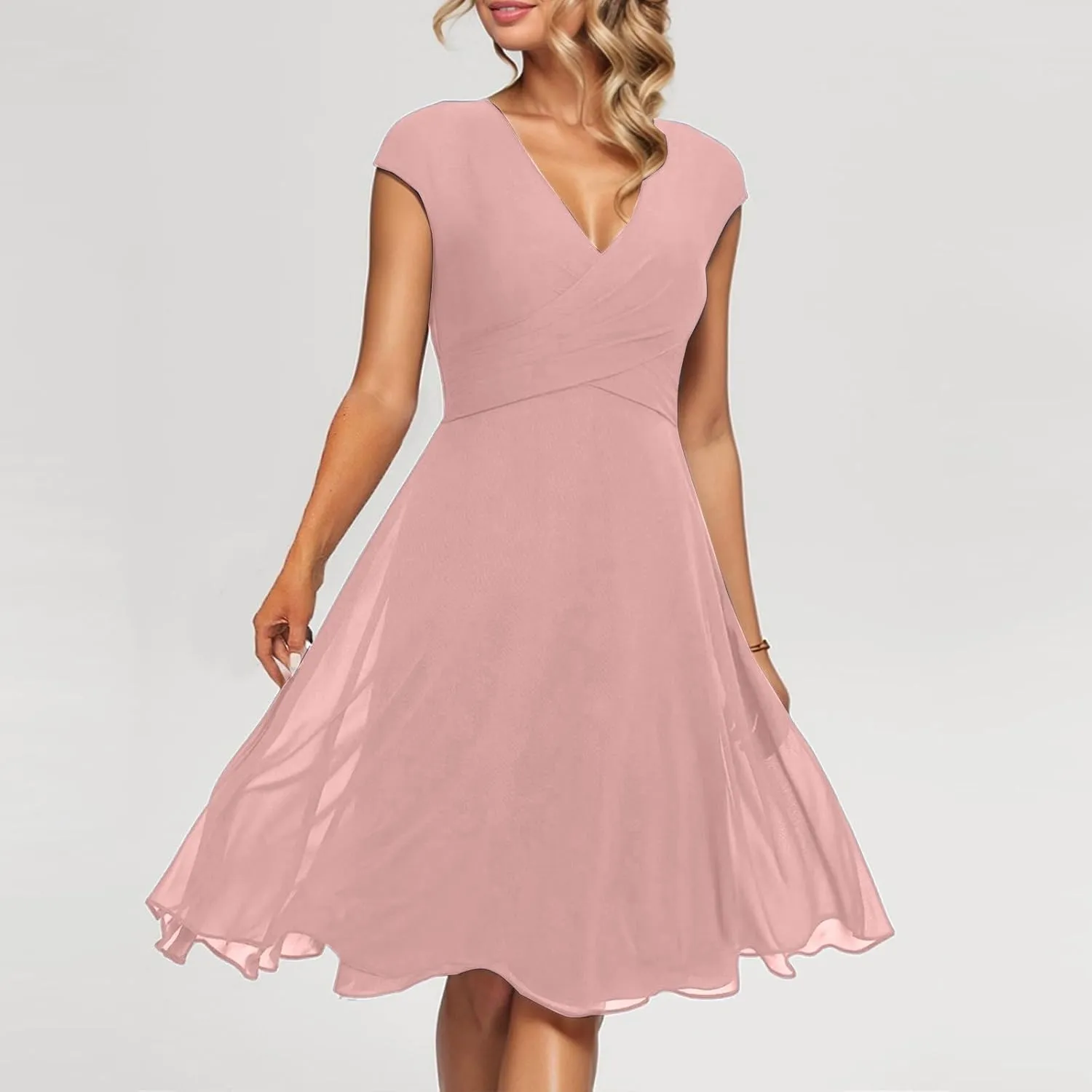 Summer Floral Chiffon Dresses for Women 2025 Midi Trendy Flowy Swing Empire Waist Cap Sleeve V Neck A Line Dress