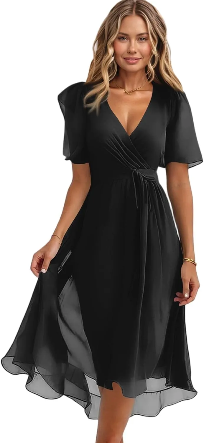 Summer Floral Chiffon Dresses for Women 2025 Midi Trendy Flowy Swing Short Sleeve V Neck Tie Elastic Waist A Line Dress