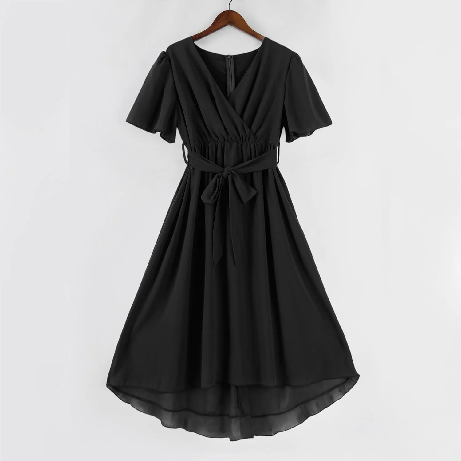 Summer Floral Chiffon Dresses for Women 2025 Midi Trendy Flowy Swing Short Sleeve V Neck Tie Elastic Waist A Line Dress
