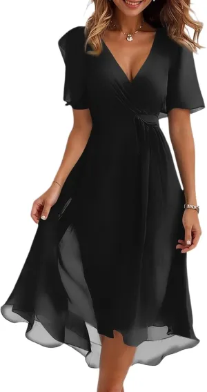 Summer Floral Chiffon Dresses for Women 2025 Midi Trendy Flowy Swing Short Sleeve V Neck Tie Elastic Waist A Line Dress